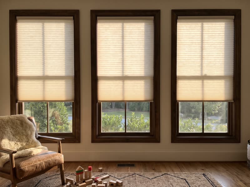 Cordless white cellular shades in a Woodstock living room