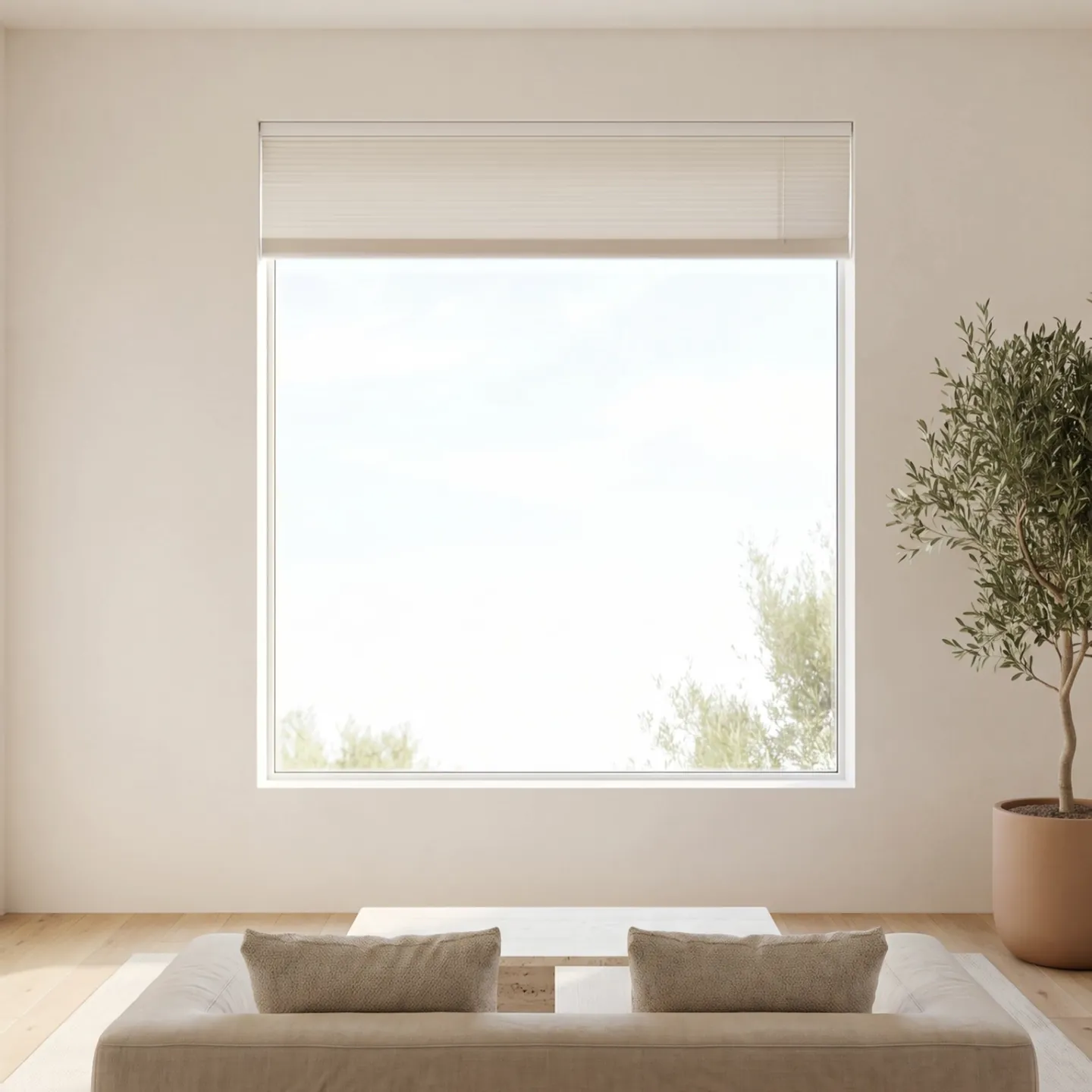 A linen honeycomb cellular shade lowering across a modern villa living room window