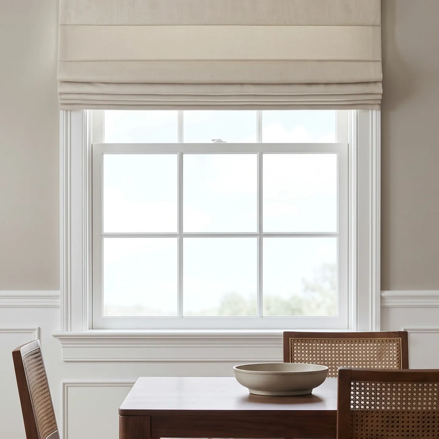 An oatmeal flat-fold Roman shade on a colonial dining room window
